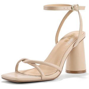 image:imageIDIFU IN3 Chunky Strappy Heels for Women High Block Open Square Toe Heel Dressy Ankle Strap Heeled Sandals Dress Shoes for Women Wedding Bridal Office Prom Shoe Thick HeelsNude Pu