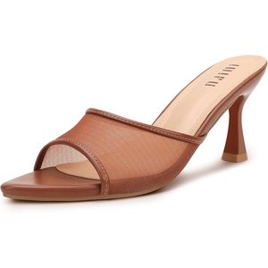 image:imageIDIFU IN3 Kitten Heels Mesh Pointed Toe Slip On Comfortable Slides Heeled Sandals Sexy Wedding Party Bridal Bride Dress Shoes Dressy Open Toe Mules Heels for WomenBrown Pu