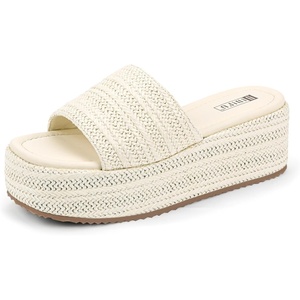 image:imageIDIFU IN3 Platform Espadrille Sandals Slip on Low Raffia Wedges for Women Summer Beach Vacation Dressy Slides Shoes Comfortable Cute Casual Bohemia Round Open Toe SandalsWhite