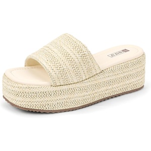 image:imageIDIFU IN3 Platform Espadrille Sandals Slip on Low Raffia Wedges for Women Summer Beach Vacation Dressy Slides Shoes Comfortable Cute Casual Bohemia Round Open Toe SandalsNude