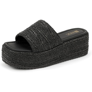 image:imageIDIFU IN3 Platform Espadrille Sandals Slip on Low Raffia Wedges for Women Summer Beach Vacation Dressy Slides Shoes Comfortable Cute Casual Bohemia Round Open Toe SandalsBlack