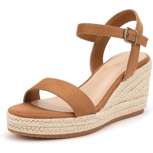 image:imageIDIFU IN3 Wedge Sandals for Women Espadrille Platform Round Open Toe Dressy Mid High Heeled Wedges with Adjustable Ankle Strap Comfortable Casual Vacation Holiday Beach Summer Dress Wedges ShoesBrown Suede