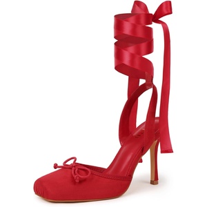 image:imageIDIFU IN4 Ballet Heels Closed Square Toe Bow Ballerina High Heels for Women Lace Up Stiletto Wedding Bridal Dancing Evening Prom Party Shoes Comfortable Sexy Cute Slingback Pumps ShoesRed Suede