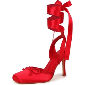 image:imageIDIFU IN4 Ballet Heels Closed Square Toe Bow Ballerina High Heels for Women Lace Up Stiletto Wedding Bridal Dancing Evening Prom Party Shoes Comfortable Sexy Cute Slingback Pumps ShoesRed Satin