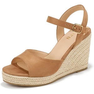 image:imageIDIFU IN4 Espadrilles Wedges Sandals for Women Platform Peep Open Toe Slingback Wedge Comfortable Summer Wedding Prom Work Beach Dress High Heel Wedges SandalsKhaki Suede