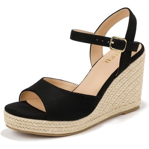 image:imageIDIFU IN4 Espadrilles Wedges Sandals for Women Platform Peep Open Toe Slingback Wedge Comfortable Summer Wedding Prom Work Beach Dress High Heel Wedges SandalsBlack Suede