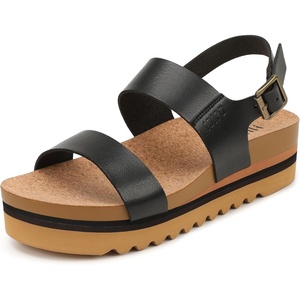 image:imageIDIFU Womens IN2 Platform Sandals Comfortable Arch Support Low Heeled Wedge Chunky Sandals Ankle Strap Flatform Footbed Summer Beach Slingback Dress Shoes for Women Ladies Cute Buckle PlatformsBlack Pu