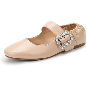 image:imageIDIFU Womens Mary Jane Ballet Flats Closed Round Toe Dress Shoes with Adjustable Rhinestone Buckle Comfortable Cute Dressy Wedding Casual Prom Bride Slip On Elastic FlatsNude Pu