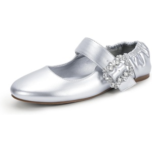 image:imageIDIFU Womens Mary Jane Ballet Flats Closed Round Toe Dress Shoes with Adjustable Rhinestone Buckle Comfortable Cute Dressy Wedding Casual Prom Bride Slip On Elastic FlatsSilver Pu