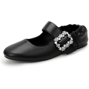 image:imageIDIFU Womens Mary Jane Ballet Flats Closed Round Toe Dress Shoes with Adjustable Rhinestone Buckle Comfortable Cute Dressy Wedding Casual Prom Bride Slip On Elastic FlatsBlack Pu