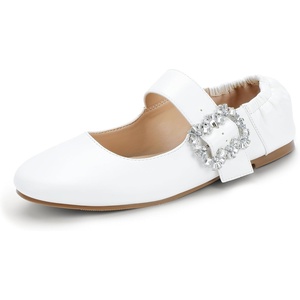 image:imageIDIFU Womens Mary Jane Ballet Flats Closed Round Toe Dress Shoes with Adjustable Rhinestone Buckle Comfortable Cute Dressy Wedding Casual Prom Bride Slip On Elastic FlatsWhite Pu