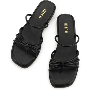 image:imageIDIFU Womens Strappy Flat Sandals Square Open Toe Slide Sandals Slip On Slingback Dress Sandals Summer Casual Work Wedding Ladies Sandals Comfortable Dressy Trendy Formal SandalsBlack Pu