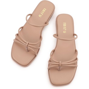 image:imageIDIFU Womens Strappy Flat Sandals Square Open Toe Slide Sandals Slip On Slingback Dress Sandals Summer Casual Work Wedding Ladies Sandals Comfortable Dressy Trendy Formal SandalsNude Pu