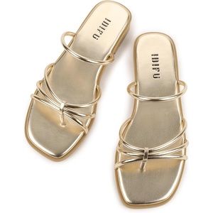 image:imageIDIFU Womens Strappy Flat Sandals Square Open Toe Slide Sandals Slip On Slingback Dress Sandals Summer Casual Work Wedding Ladies Sandals Comfortable Dressy Trendy Formal SandalsGold Pu