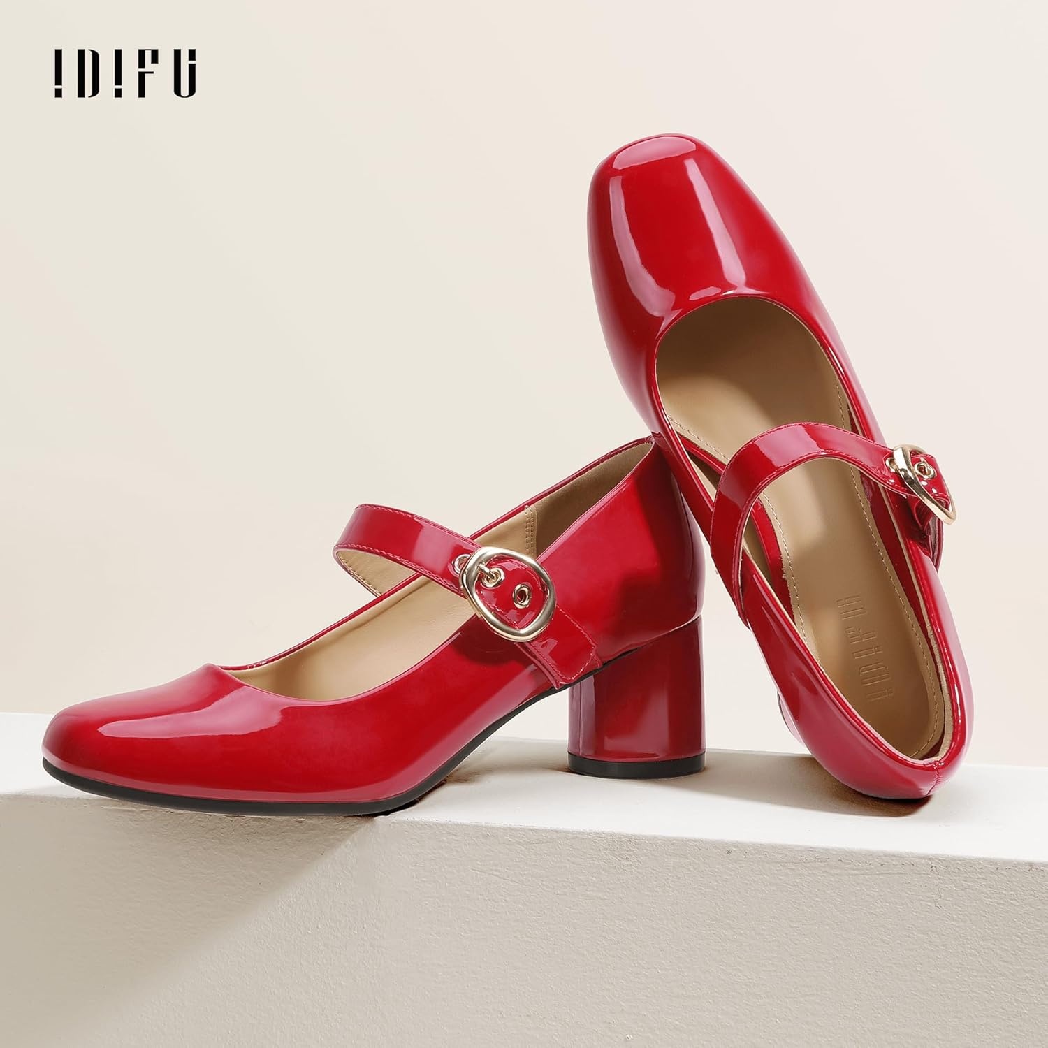image:imageIDIFU IN2 Mary Jane Shoes Womens Pumps Closed Toe Chunky Block Low Short Heels Work Wedding Prom Comfortable Dress Shoes for Women Cute Vintage Heels Pumps Shoe with BuckleRed Pat