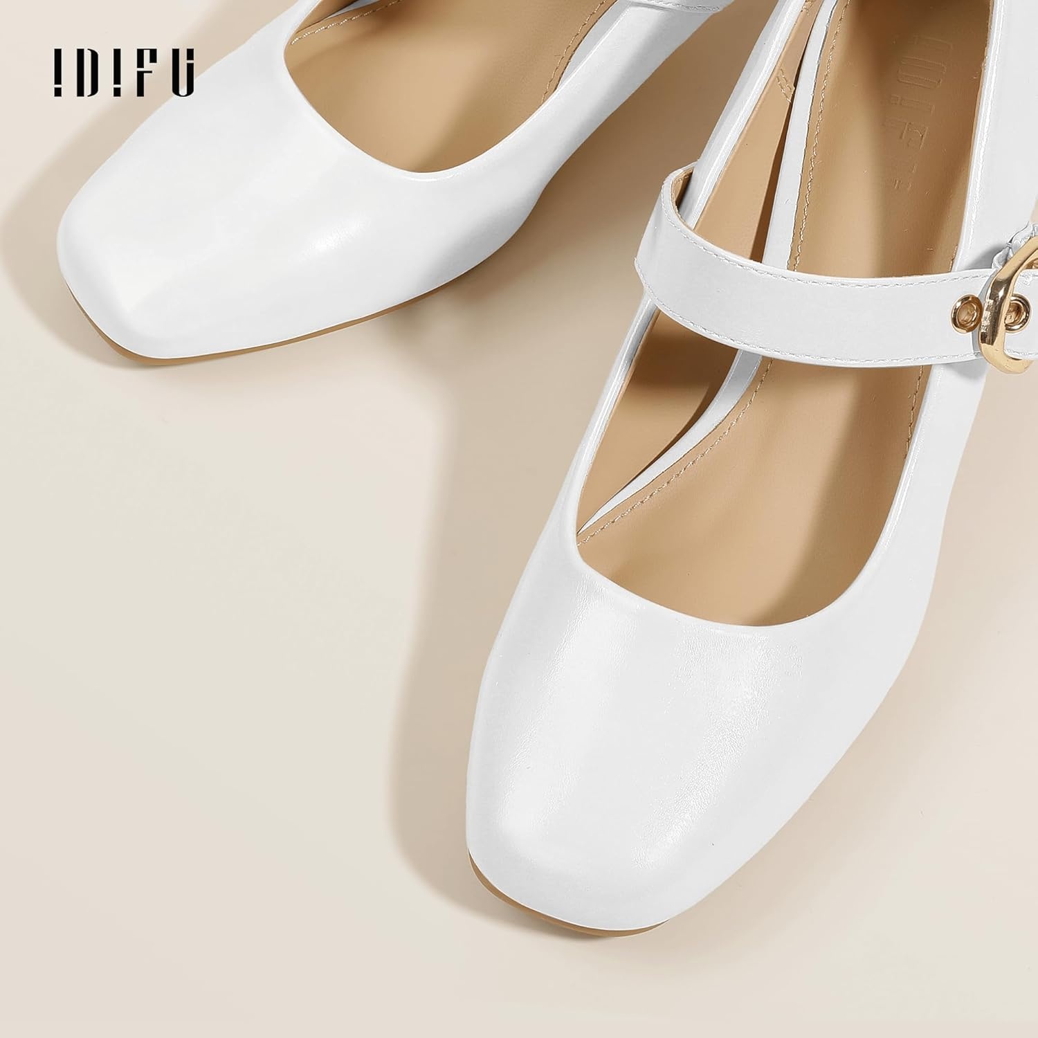 image:imageIDIFU IN2 Mary Jane Shoes Womens Pumps Closed Toe Chunky Block Low Short Heels Work Wedding Prom Comfortable Dress Shoes for Women Cute Vintage Heels Pumps Shoe with BuckleWhite Pu