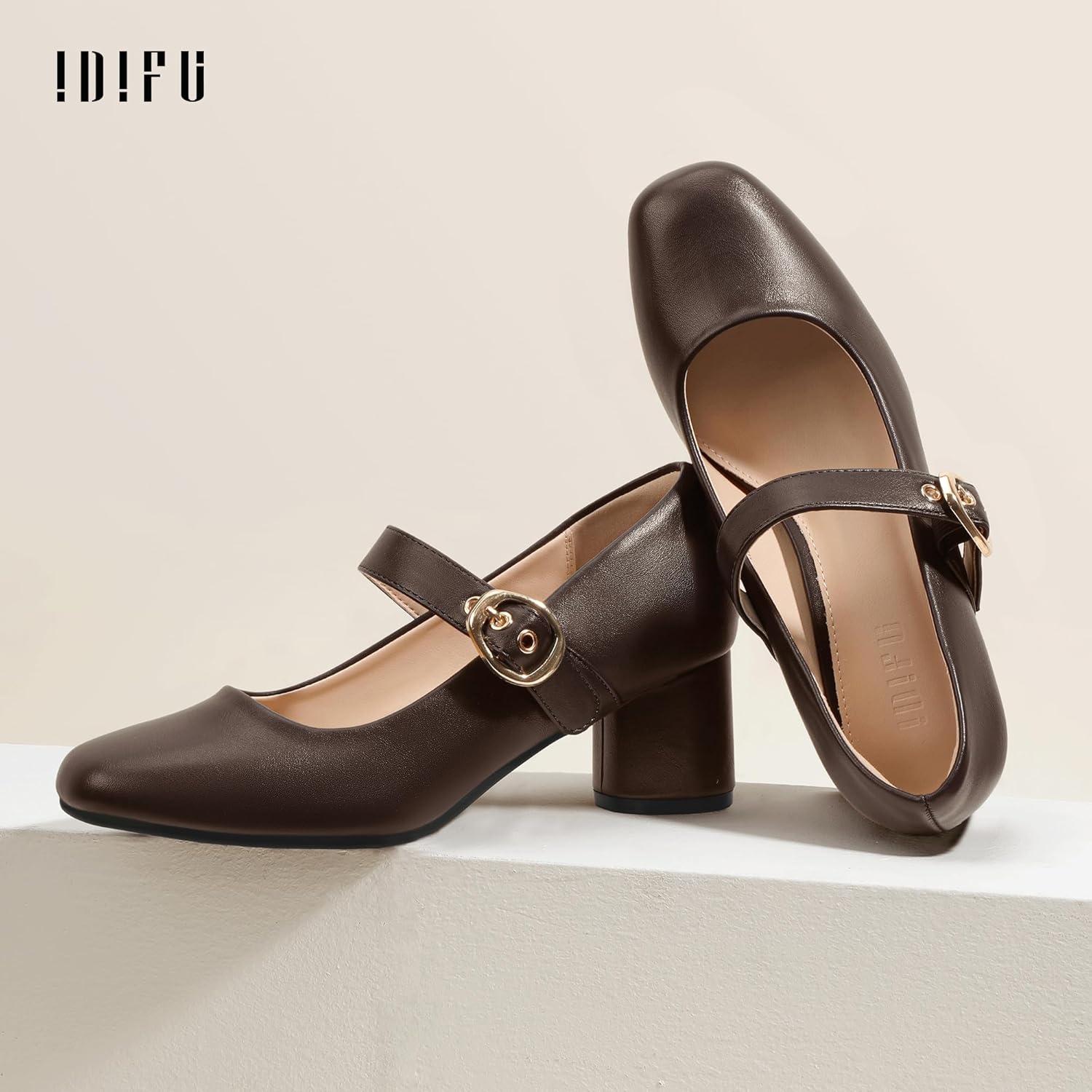 image:imageIDIFU IN2 Mary Jane Shoes Womens Pumps Closed Toe Chunky Block Low Short Heels Work Wedding Prom Comfortable Dress Shoes for Women Cute Vintage Heels Pumps Shoe with BuckleBrown Pu
