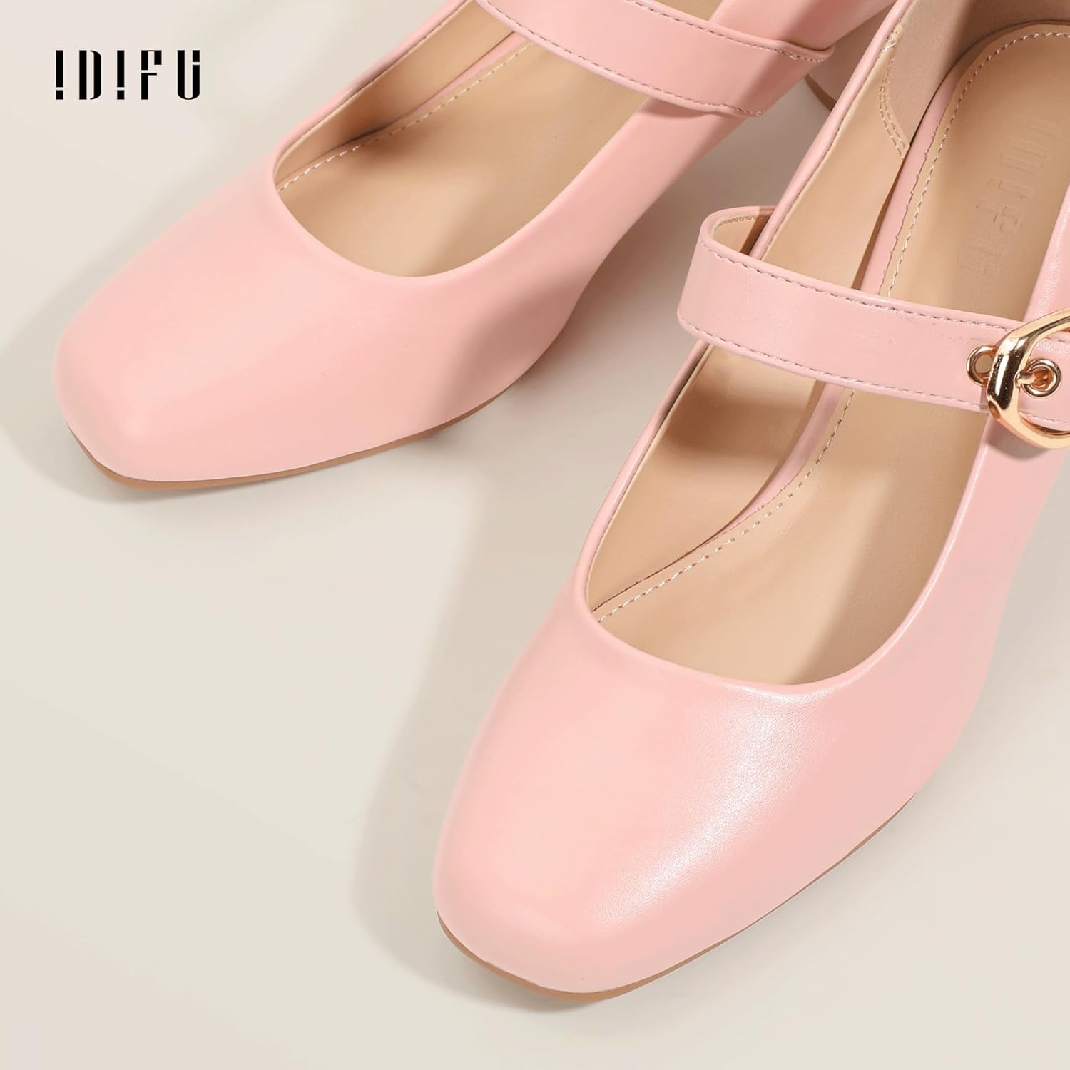 image:imageIDIFU IN2 Mary Jane Shoes Womens Pumps Closed Toe Chunky Block Low Short Heels Work Wedding Prom Comfortable Dress Shoes for Women Cute Vintage Heels Pumps Shoe with BucklePink Pu