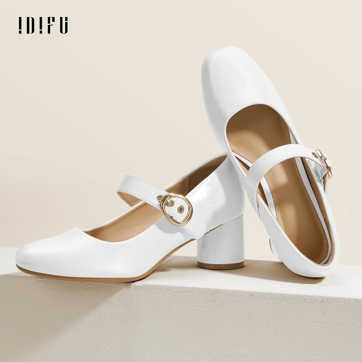 image:imageIDIFU IN2 Mary Jane Shoes Womens Pumps Closed Toe Chunky Block Low Short Heels Work Wedding Prom Comfortable Dress Shoes for Women Cute Vintage Heels Pumps Shoe with BuckleWhite Pu