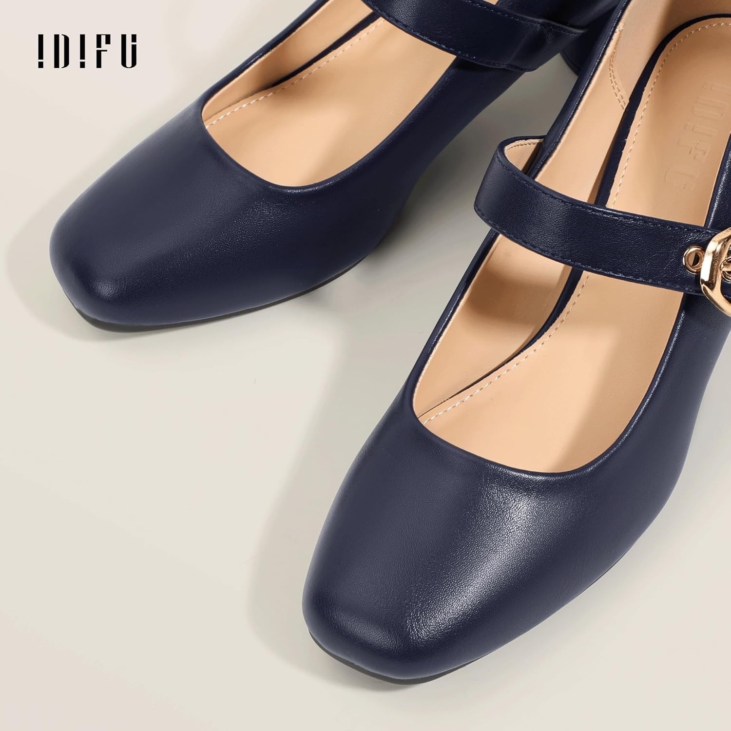 image:imageIDIFU IN2 Mary Jane Shoes Womens Pumps Closed Toe Chunky Block Low Short Heels Work Wedding Prom Comfortable Dress Shoes for Women Cute Vintage Heels Pumps Shoe with BuckleNavy Blue Pu