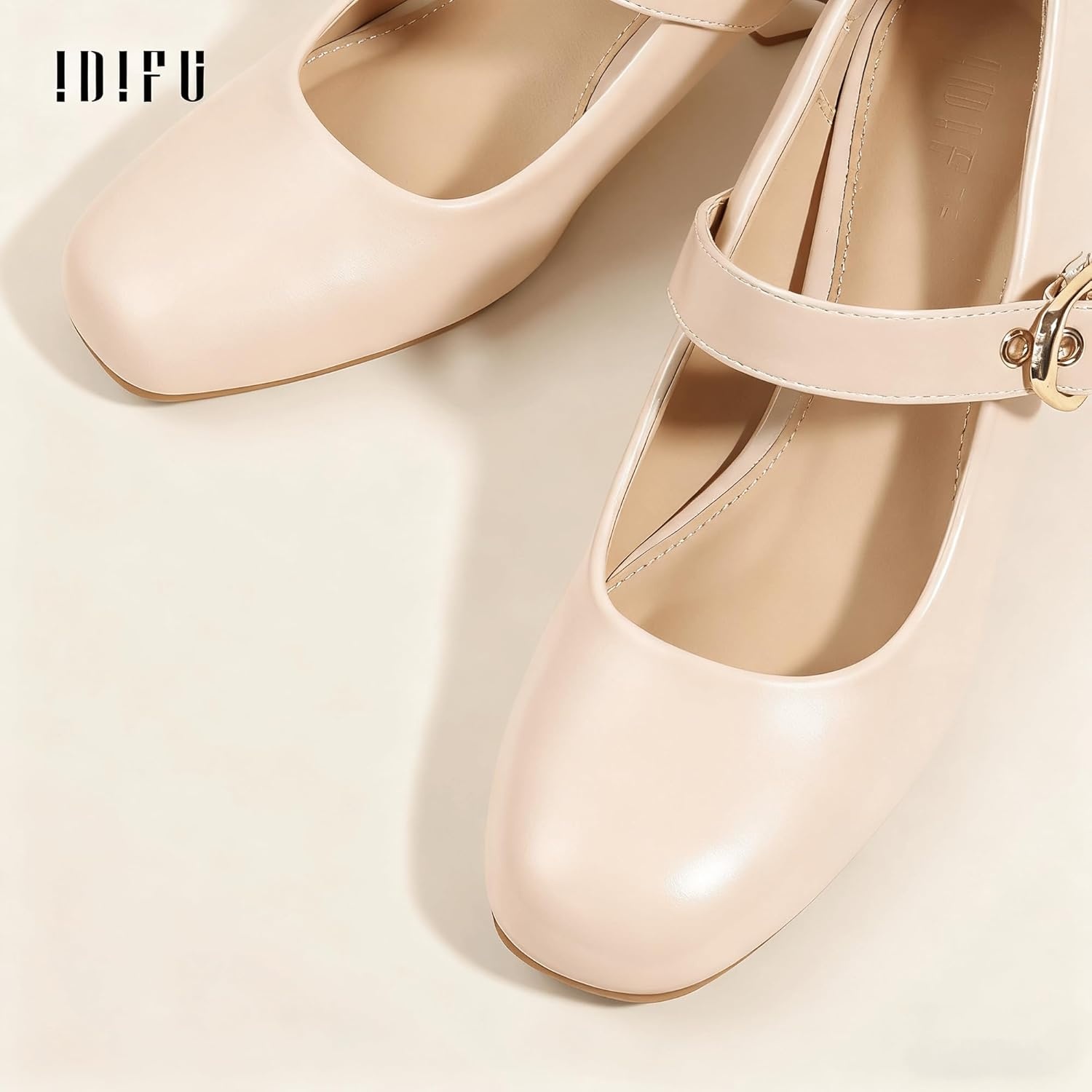 image:imageIDIFU IN2 Mary Jane Shoes Womens Pumps Closed Toe Chunky Block Low Short Heels Work Wedding Prom Comfortable Dress Shoes for Women Cute Vintage Heels Pumps Shoe with BuckleNude Pu