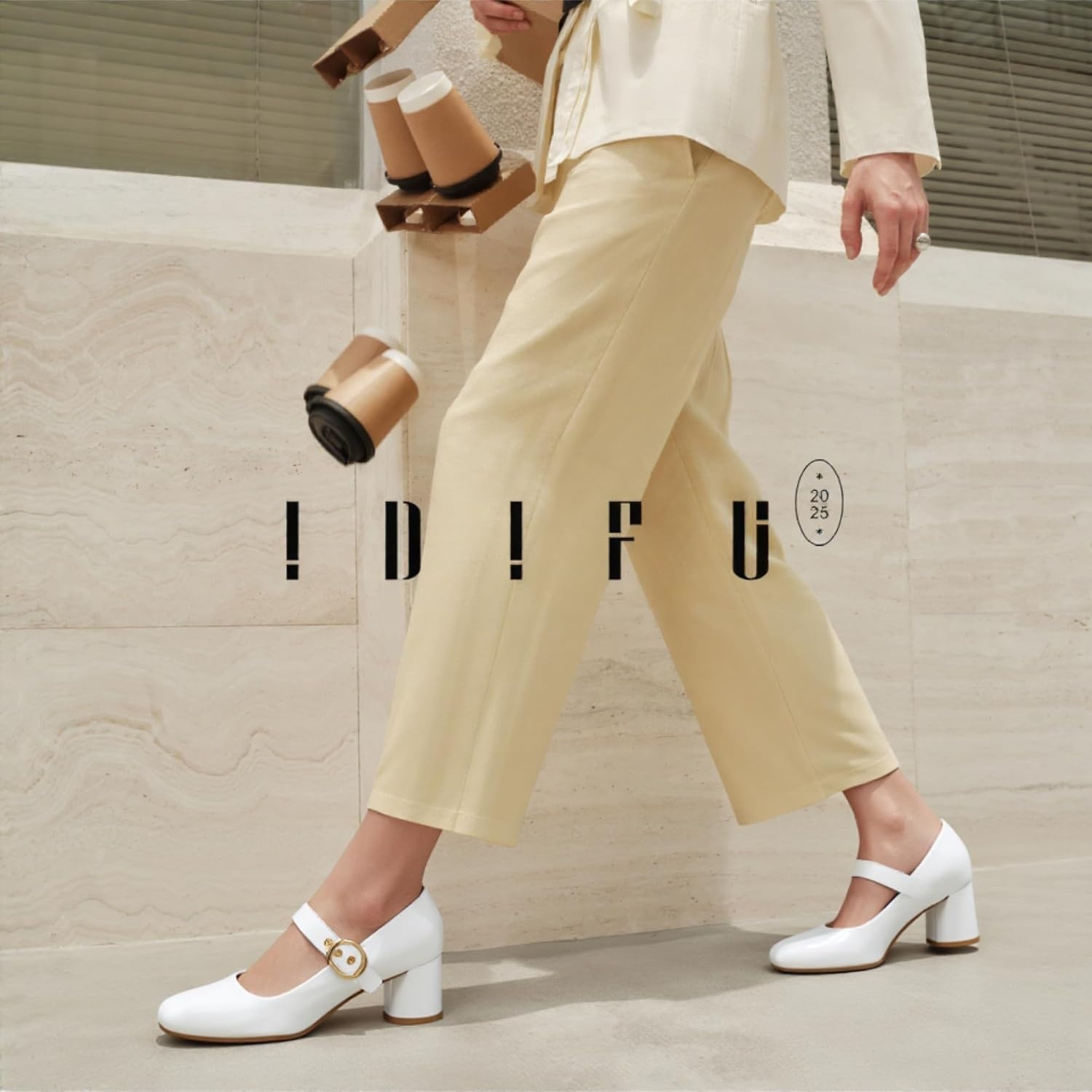 image:imageIDIFU IN2 Mary Jane Shoes Womens Pumps Closed Toe Chunky Block Low Short Heels Work Wedding Prom Comfortable Dress Shoes for Women Cute Vintage Heels Pumps Shoe with BuckleWhite Pu