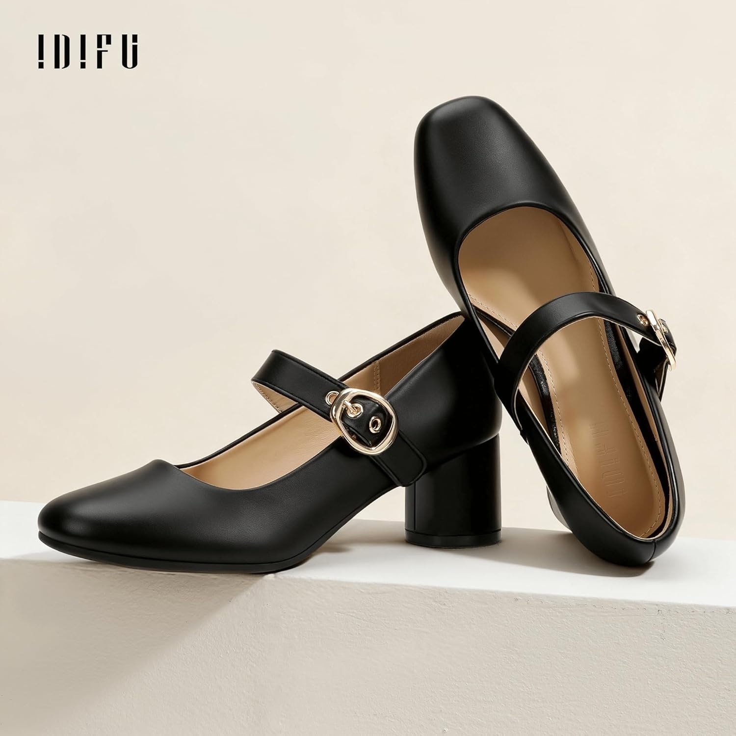 image:imageIDIFU IN2 Mary Jane Shoes Womens Pumps Closed Toe Chunky Block Low Short Heels Work Wedding Prom Comfortable Dress Shoes for Women Cute Vintage Heels Pumps Shoe with BuckleBlack Pu