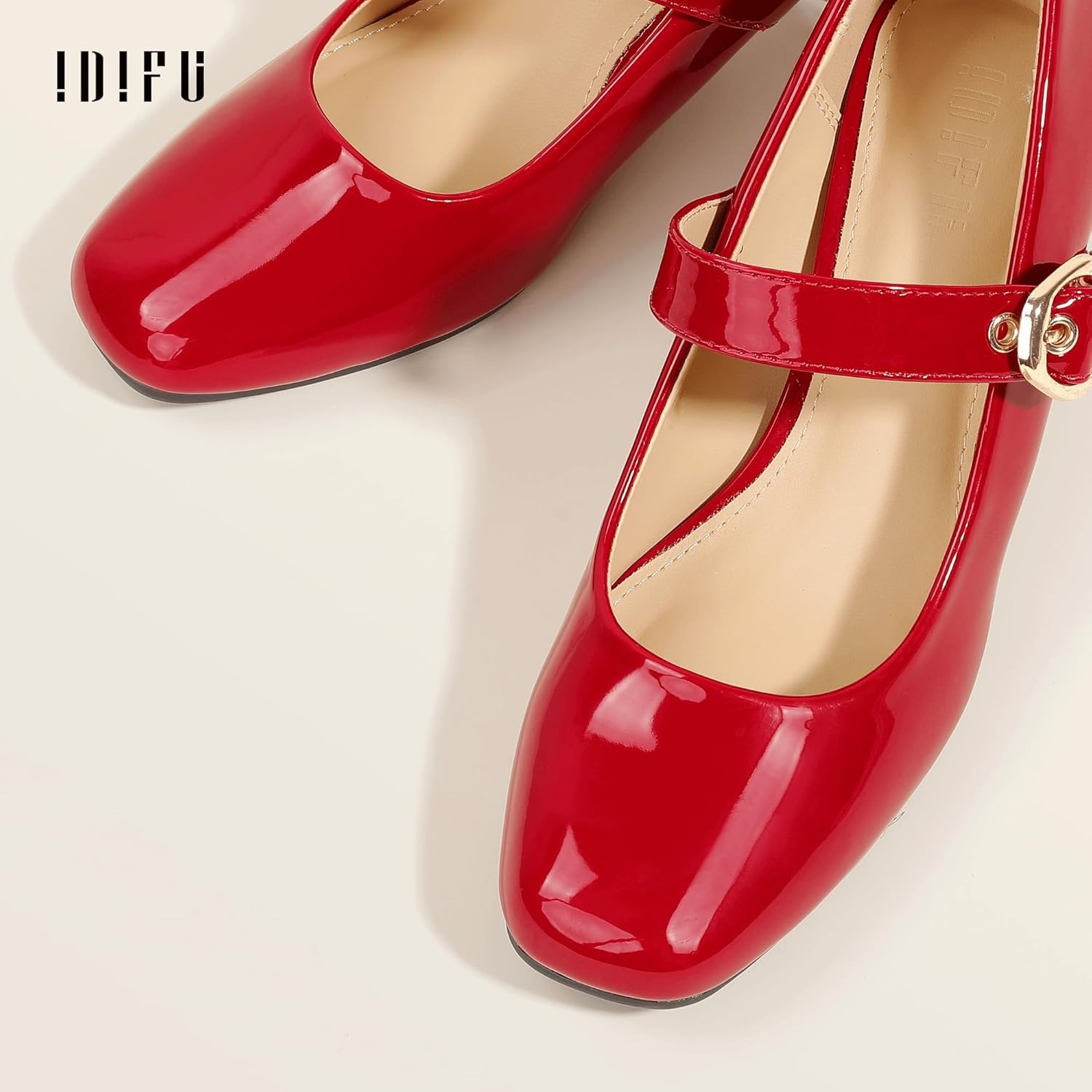 image:imageIDIFU IN2 Mary Jane Shoes Womens Pumps Closed Toe Chunky Block Low Short Heels Work Wedding Prom Comfortable Dress Shoes for Women Cute Vintage Heels Pumps Shoe with BuckleRed Pat