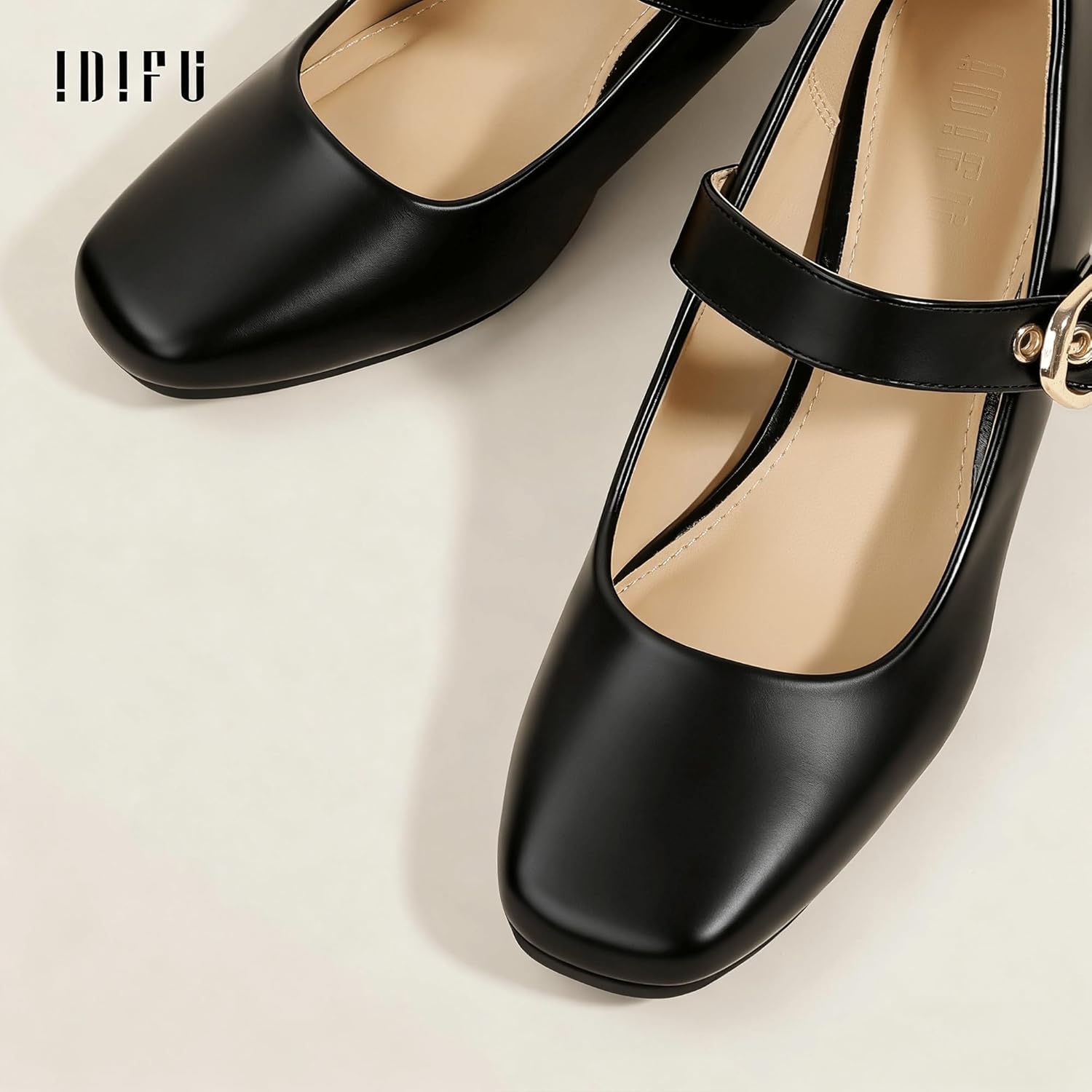 image:imageIDIFU IN2 Mary Jane Shoes Womens Pumps Closed Toe Chunky Block Low Short Heels Work Wedding Prom Comfortable Dress Shoes for Women Cute Vintage Heels Pumps Shoe with BuckleBlack Pu