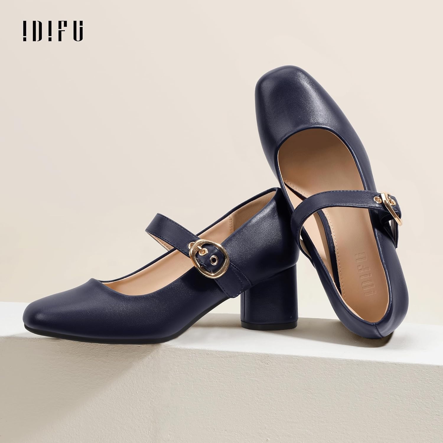 image:imageIDIFU IN2 Mary Jane Shoes Womens Pumps Closed Toe Chunky Block Low Short Heels Work Wedding Prom Comfortable Dress Shoes for Women Cute Vintage Heels Pumps Shoe with BuckleNavy Blue Pu