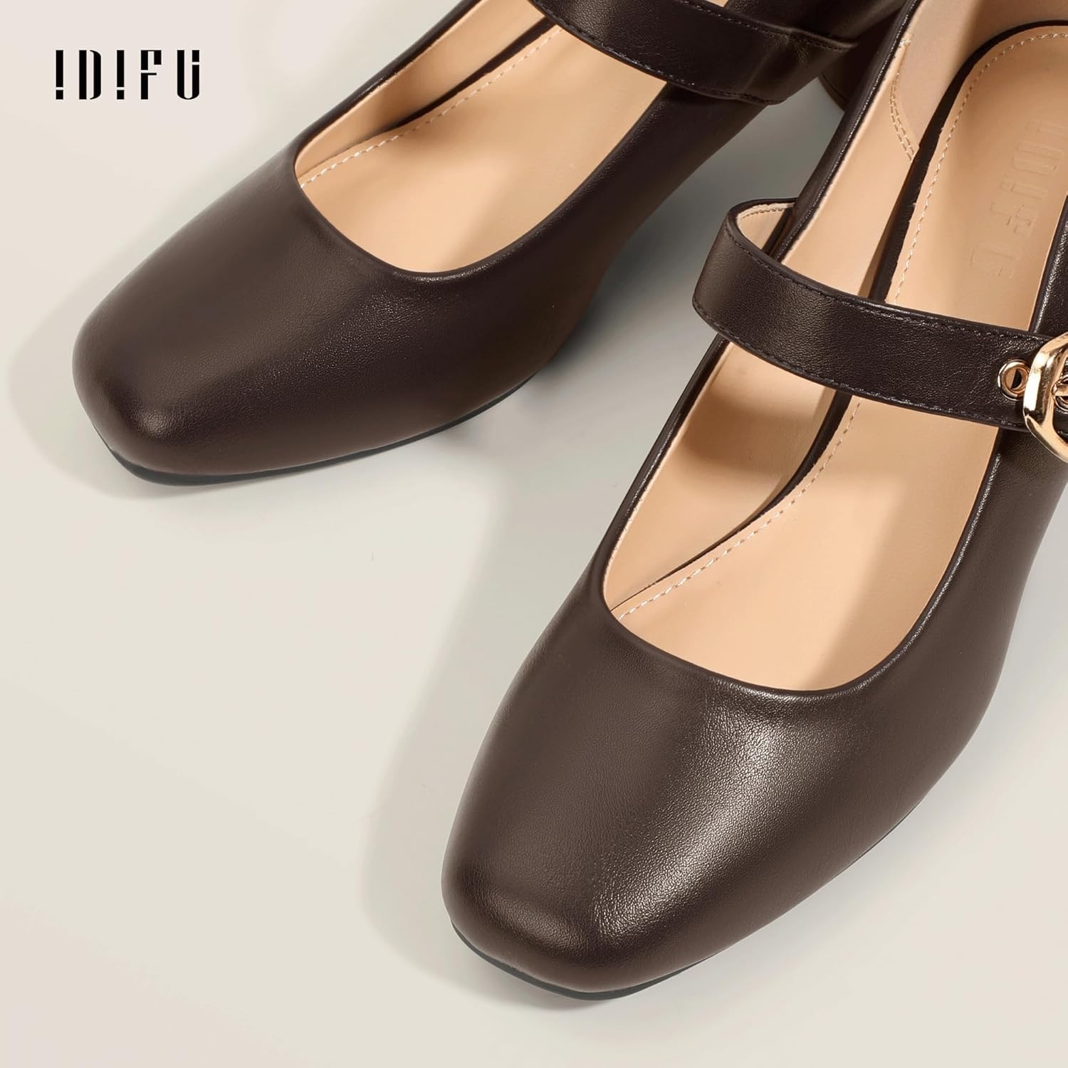 image:imageIDIFU IN2 Mary Jane Shoes Womens Pumps Closed Toe Chunky Block Low Short Heels Work Wedding Prom Comfortable Dress Shoes for Women Cute Vintage Heels Pumps Shoe with BuckleBrown Pu
