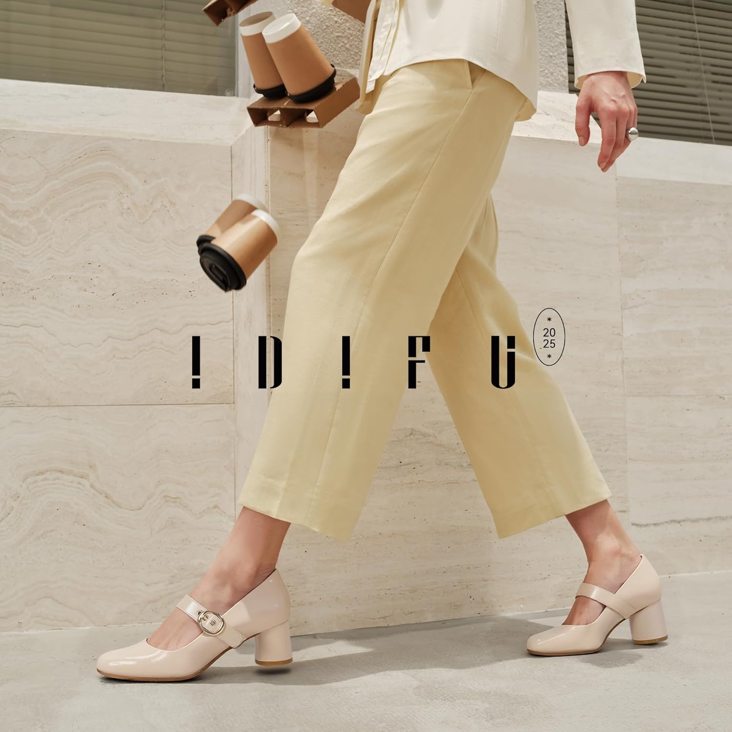 image:imageIDIFU IN2 Mary Jane Shoes Womens Pumps Closed Toe Chunky Block Low Short Heels Work Wedding Prom Comfortable Dress Shoes for Women Cute Vintage Heels Pumps Shoe with BuckleNude Pu