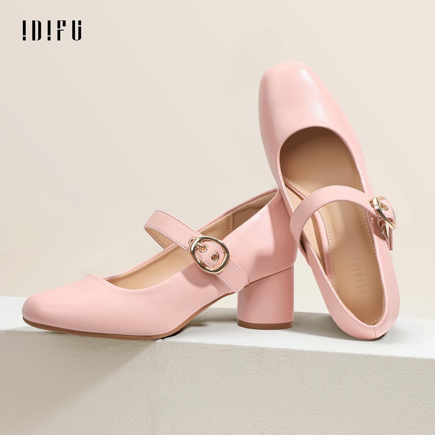 image:imageIDIFU IN2 Mary Jane Shoes Womens Pumps Closed Toe Chunky Block Low Short Heels Work Wedding Prom Comfortable Dress Shoes for Women Cute Vintage Heels Pumps Shoe with BucklePink Pu