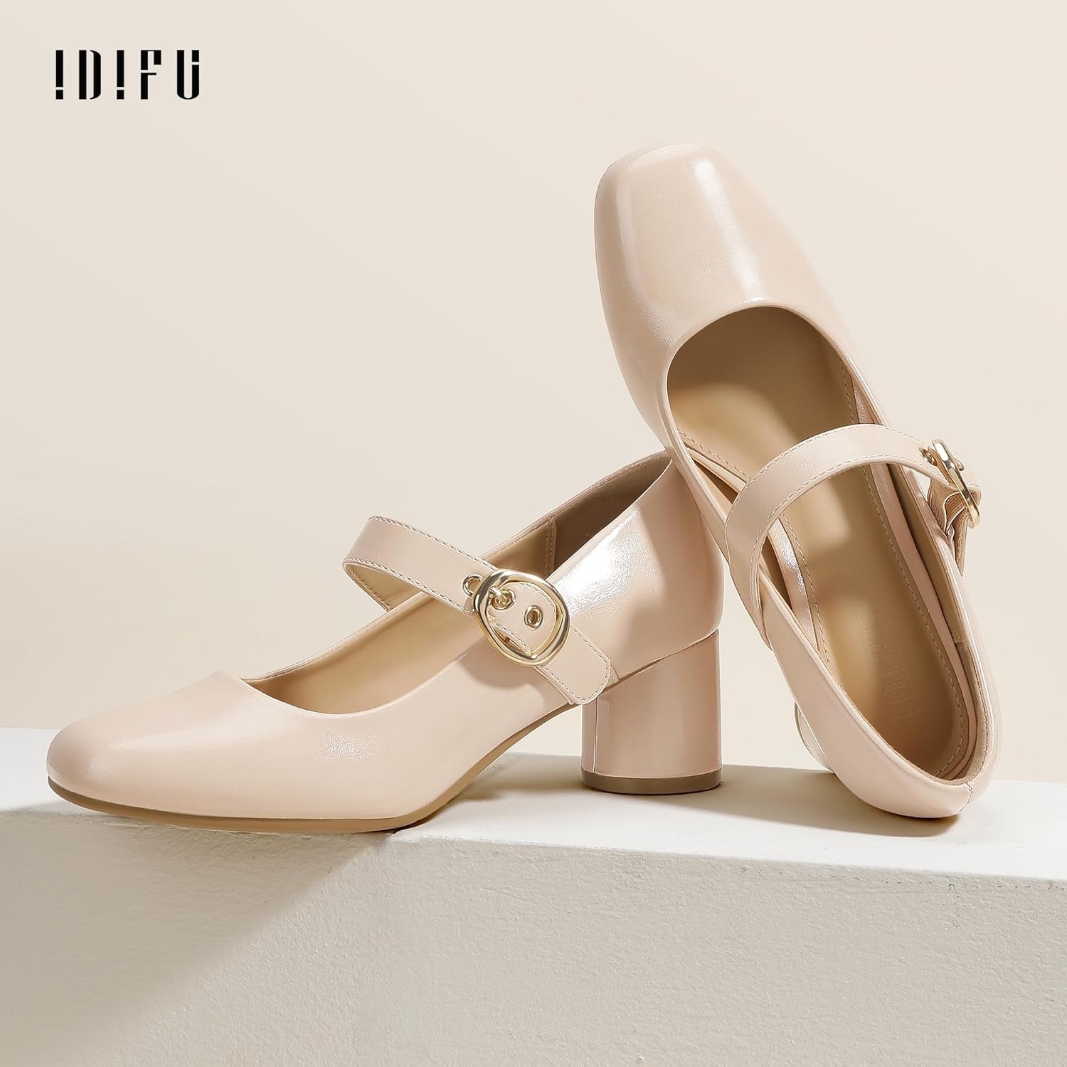 image:imageIDIFU IN2 Mary Jane Shoes Womens Pumps Closed Toe Chunky Block Low Short Heels Work Wedding Prom Comfortable Dress Shoes for Women Cute Vintage Heels Pumps Shoe with BuckleNude Pu
