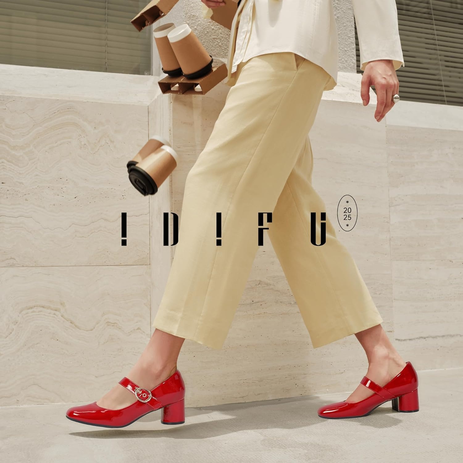image:imageIDIFU IN2 Mary Jane Shoes Womens Pumps Closed Toe Chunky Block Low Short Heels Work Wedding Prom Comfortable Dress Shoes for Women Cute Vintage Heels Pumps Shoe with BuckleRed Pat