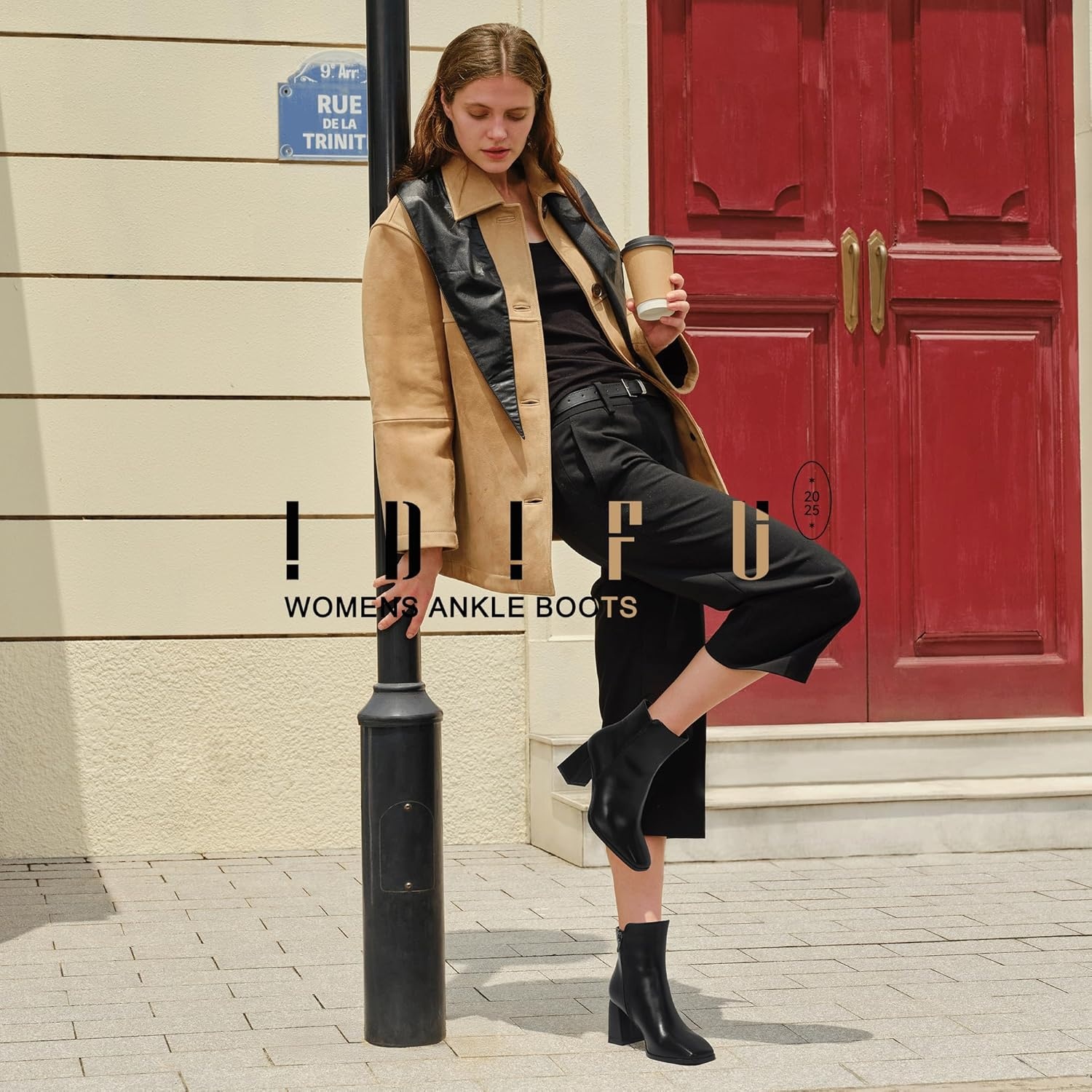image:imageIDIFU IN3 Ankle Boots for Women Square Toe Short Heeled Booties GoGo Chunky Block Heel Dress Boots Comfortable Fashion Cute Fall BootiesBlack Pu