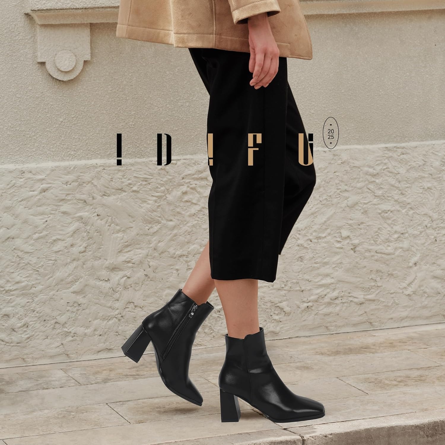 image:imageIDIFU IN3 Ankle Boots for Women Square Toe Short Heeled Booties GoGo Chunky Block Heel Dress Boots Comfortable Fashion Cute Fall BootiesBlack Pu