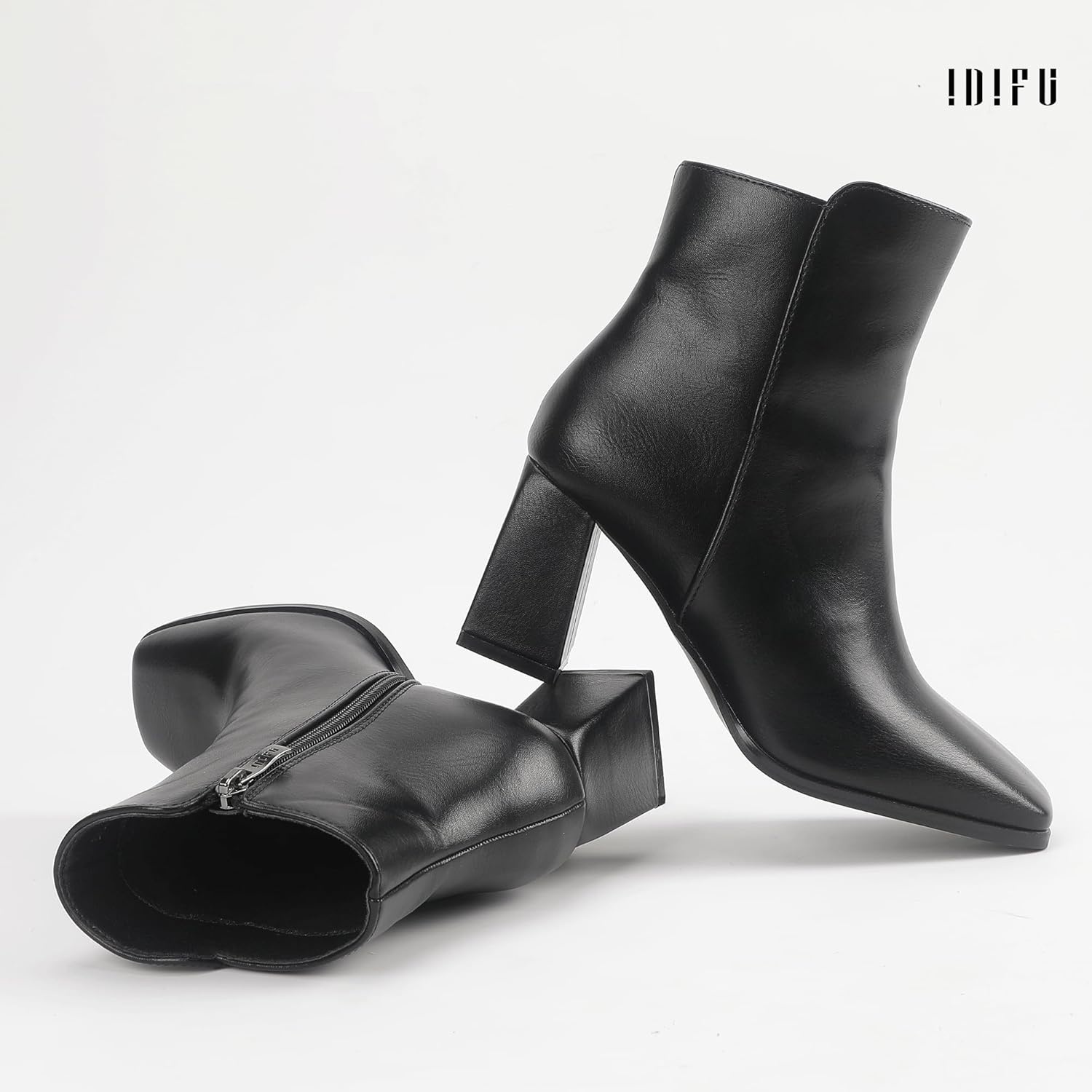 image:imageIDIFU IN3 Ankle Boots for Women Square Toe Short Heeled Booties GoGo Chunky Block Heel Dress Boots Comfortable Fashion Cute Fall BootiesBlack Pu