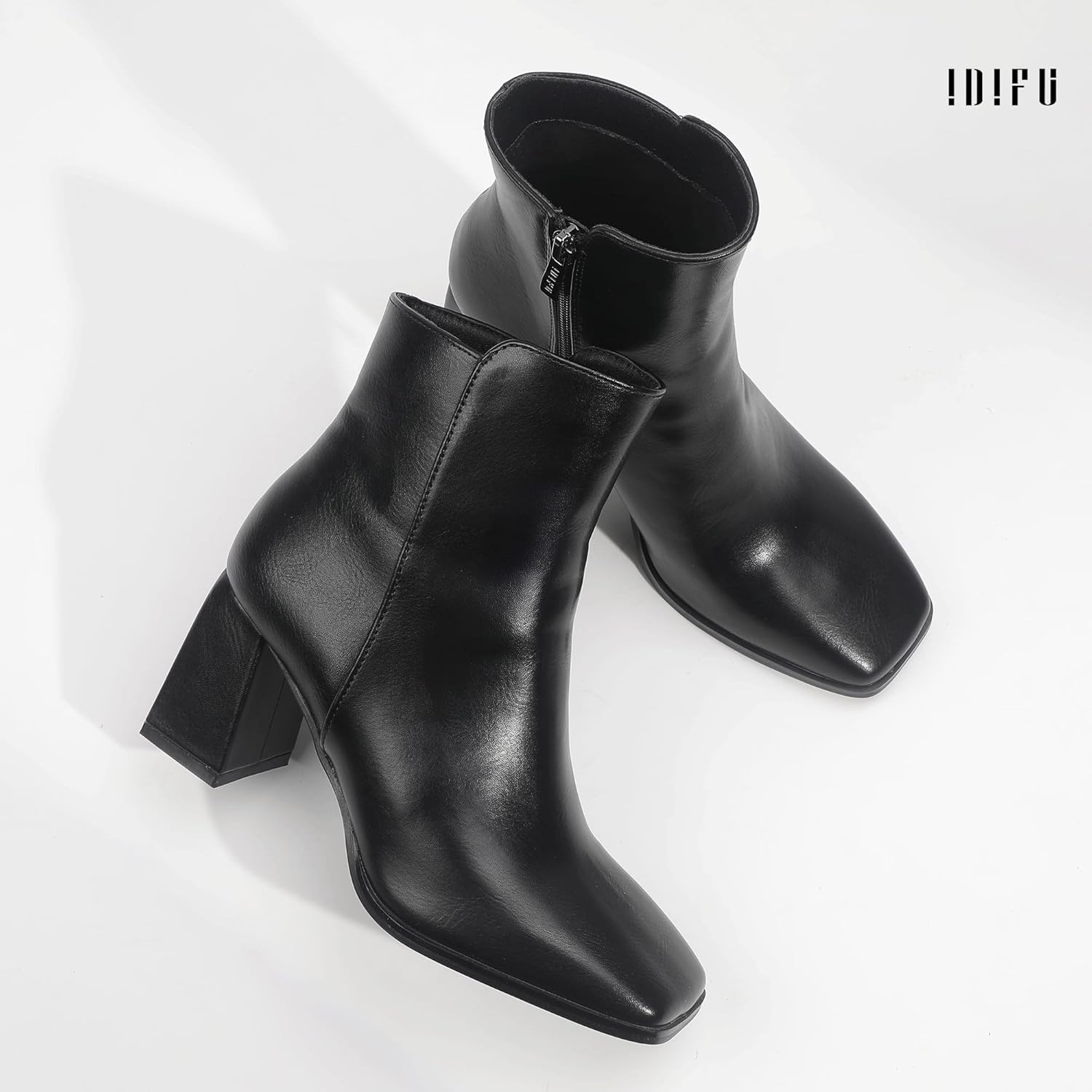 image:imageIDIFU IN3 Ankle Boots for Women Square Toe Short Heeled Booties GoGo Chunky Block Heel Dress Boots Comfortable Fashion Cute Fall BootiesBlack Pu