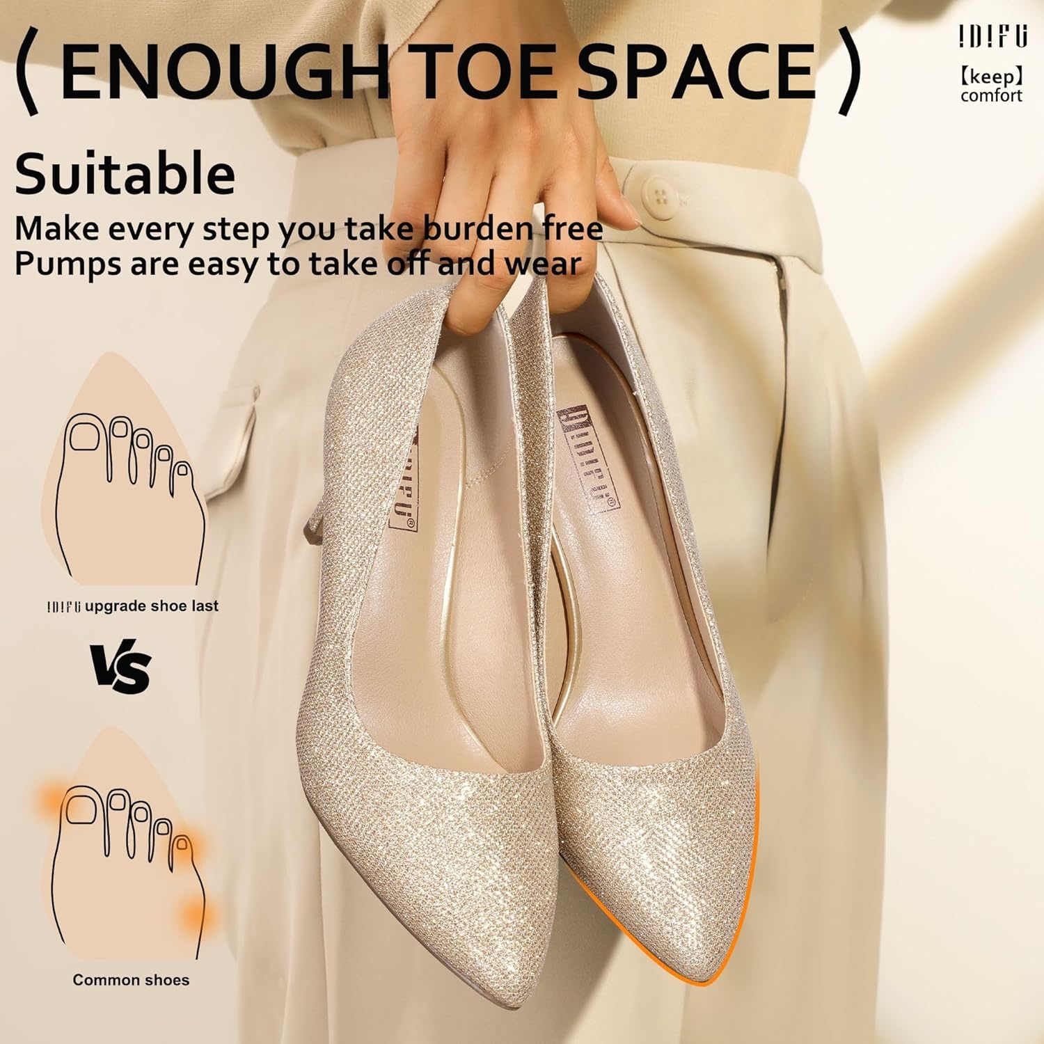 image:imageIDIFU IN3 High Heels Pumps Closed Toe Heels Womens Pumps Stiletto Pointed Toe Dress Shoes Wedding Prom Bridal Work Office Bride Guest Trendy Dressy Fashion Comfortable Pump ShoesGold Glitter