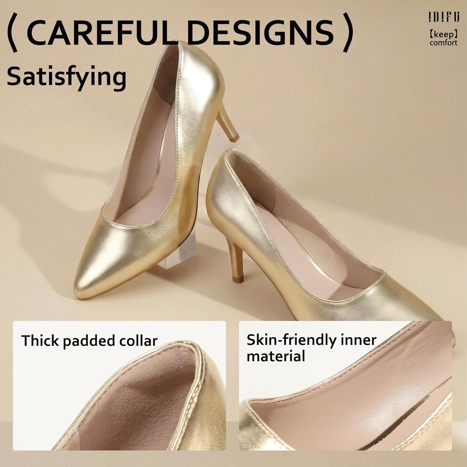 image:imageIDIFU IN3 High Heels Pumps Closed Toe Heels Womens Pumps Stiletto Pointed Toe Dress Shoes Wedding Prom Bridal Work Office Bride Guest Trendy Dressy Fashion Comfortable Pump ShoesGold Pu