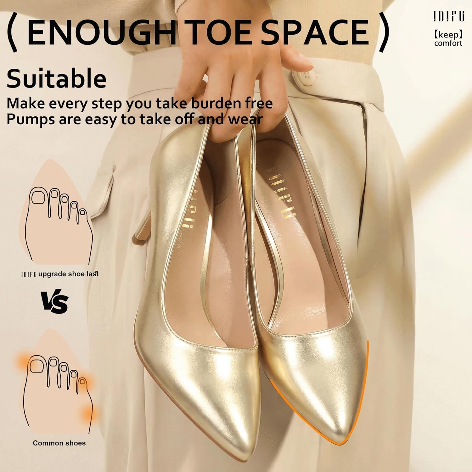 image:imageIDIFU IN3 High Heels Pumps Closed Toe Heels Womens Pumps Stiletto Pointed Toe Dress Shoes Wedding Prom Bridal Work Office Bride Guest Trendy Dressy Fashion Comfortable Pump ShoesGold Pu