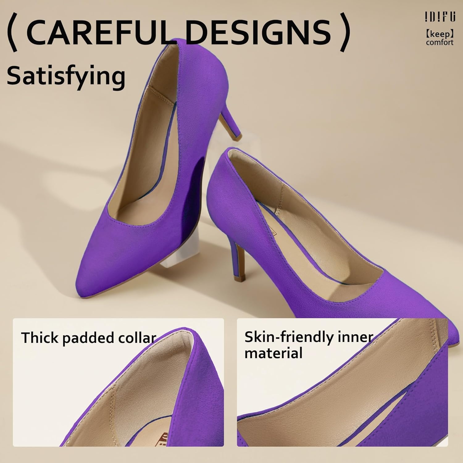 image:imageIDIFU IN3 High Heels Pumps Closed Toe Heels Womens Pumps Stiletto Pointed Toe Dress Shoes Wedding Prom Bridal Work Office Bride Guest Trendy Dressy Fashion Comfortable Pump ShoesPurple Suede