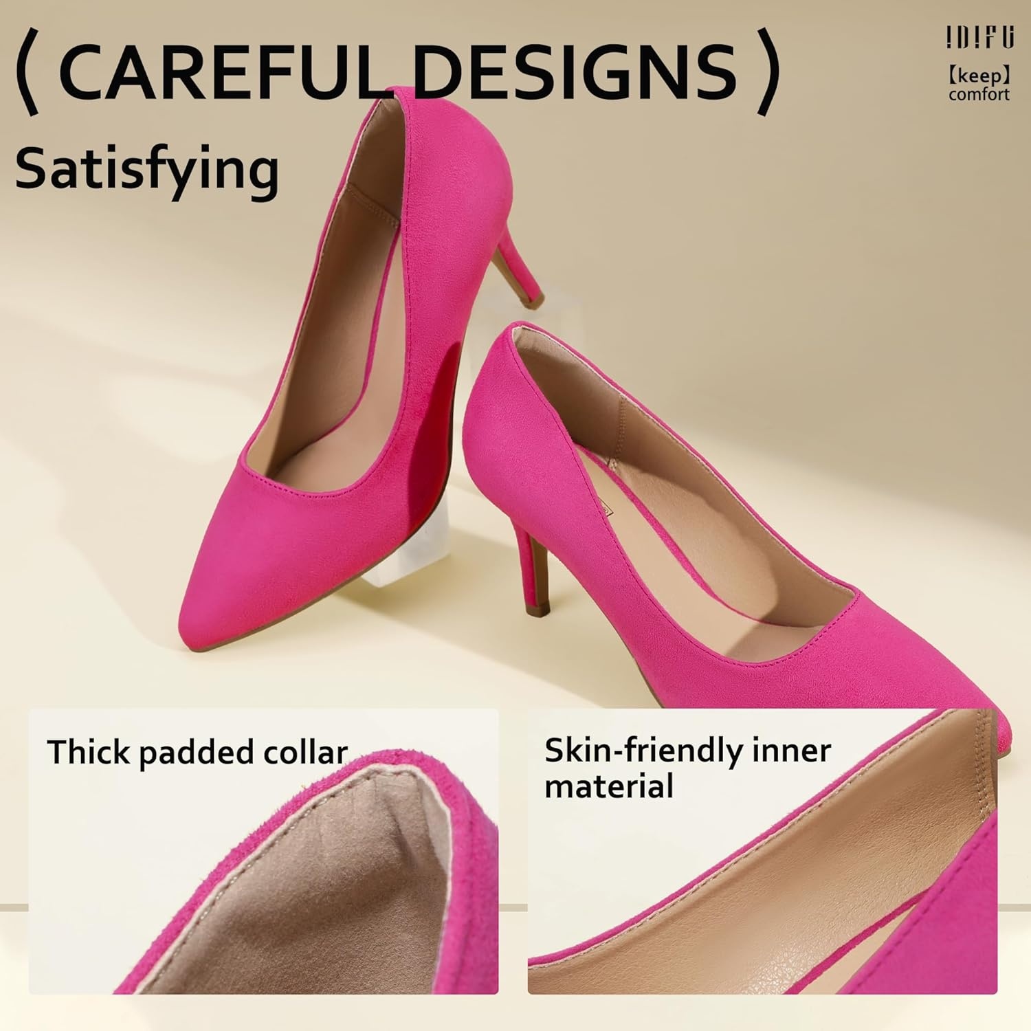 image:imageIDIFU IN3 High Heels Pumps Closed Toe Heels Womens Pumps Stiletto Pointed Toe Dress Shoes Wedding Prom Bridal Work Office Bride Guest Trendy Dressy Fashion Comfortable Pump ShoesHot Pink Suede