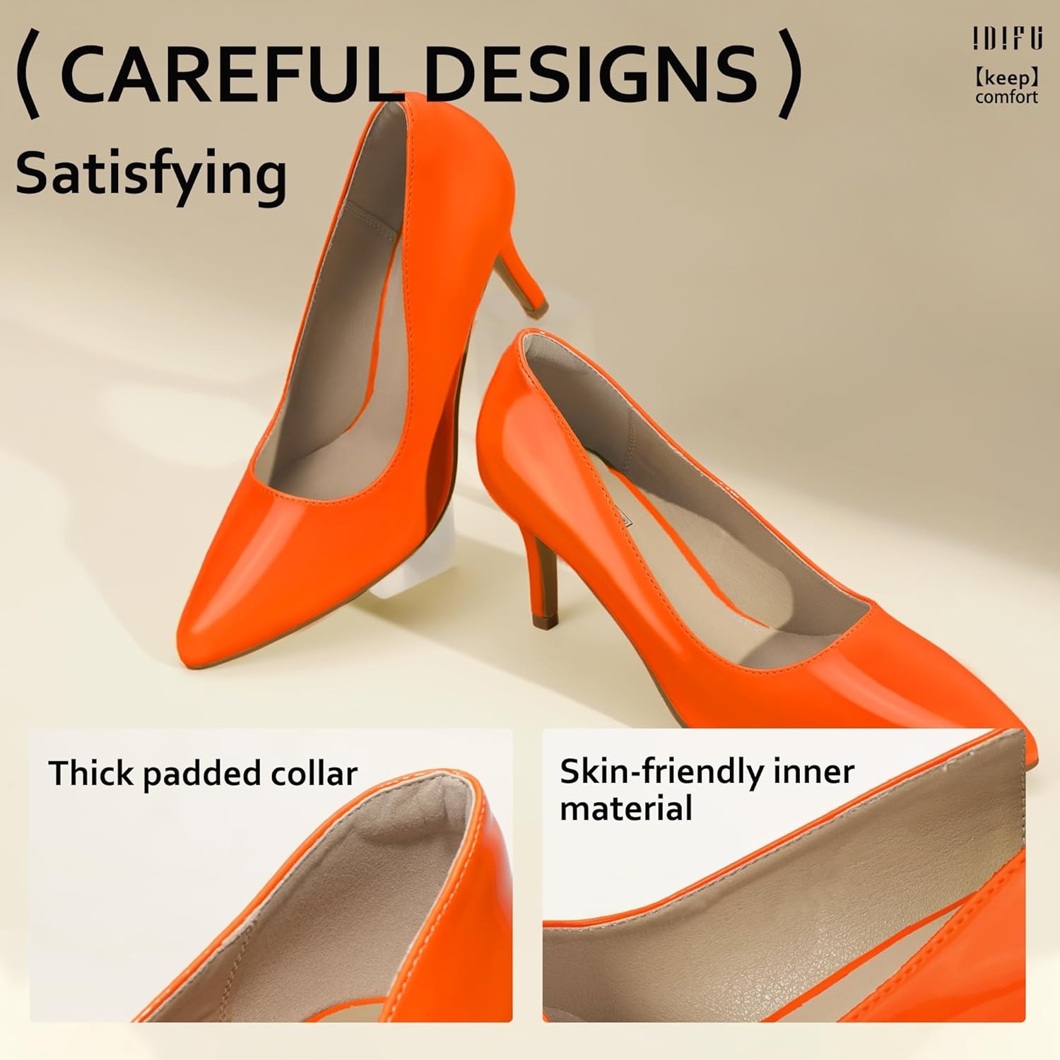 image:imageIDIFU IN3 High Heels Pumps Closed Toe Heels Womens Pumps Stiletto Pointed Toe Dress Shoes Wedding Prom Bridal Work Office Bride Guest Trendy Dressy Fashion Comfortable Pump ShoesOrange Patent