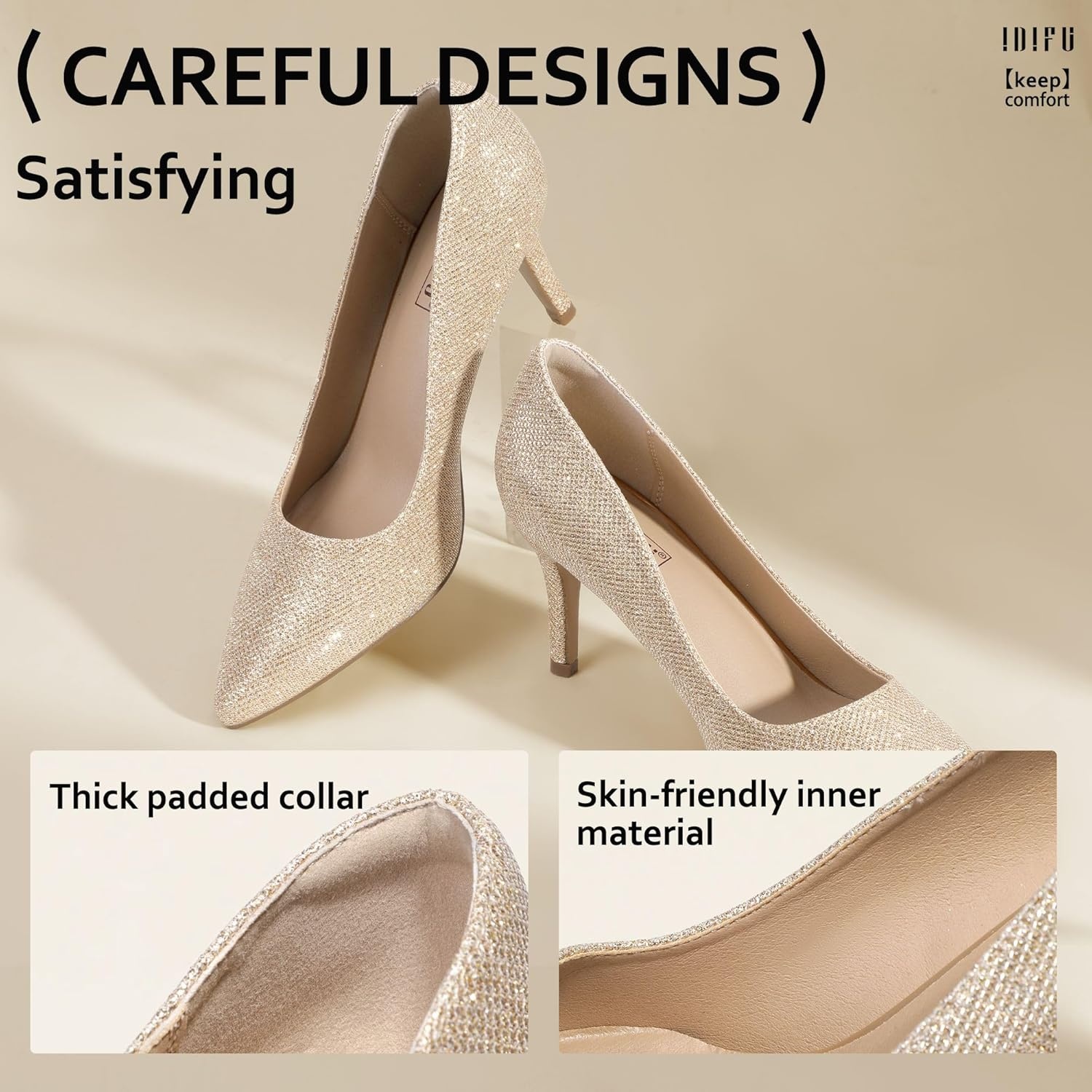 image:imageIDIFU IN3 High Heels Pumps Closed Toe Heels Womens Pumps Stiletto Pointed Toe Dress Shoes Wedding Prom Bridal Work Office Bride Guest Trendy Dressy Fashion Comfortable Pump ShoesGold Glitter