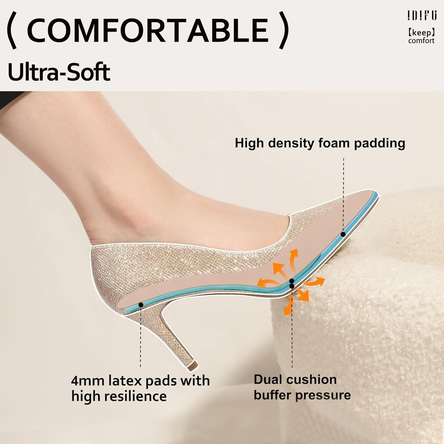 image:imageIDIFU IN3 High Heels Pumps Closed Toe Heels Womens Pumps Stiletto Pointed Toe Dress Shoes Wedding Prom Bridal Work Office Bride Guest Trendy Dressy Fashion Comfortable Pump ShoesGold Glitter
