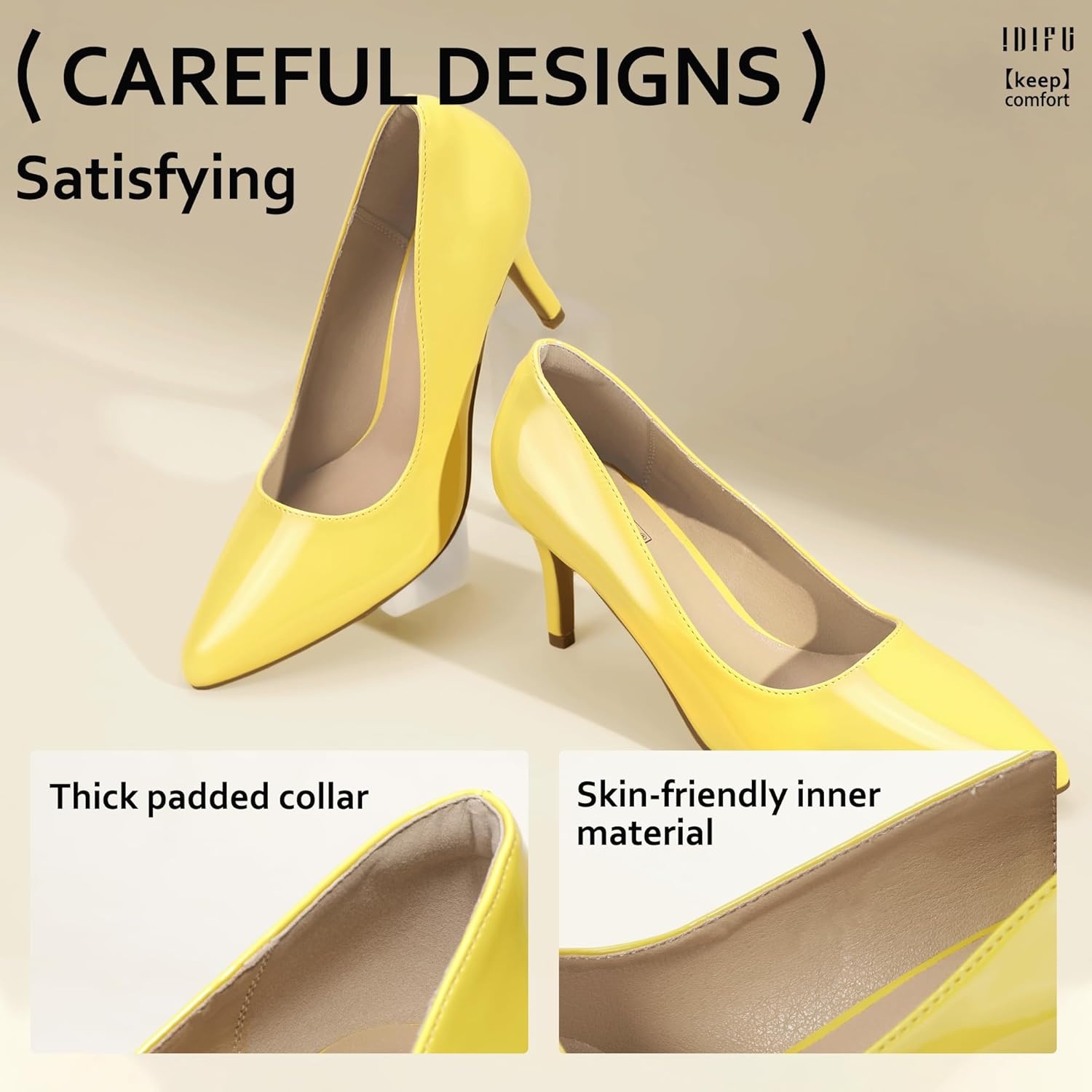 image:imageIDIFU IN3 High Heels Pumps Closed Toe Heels Womens Pumps Stiletto Pointed Toe Dress Shoes Wedding Prom Bridal Work Office Bride Guest Trendy Dressy Fashion Comfortable Pump ShoesYellow Patent