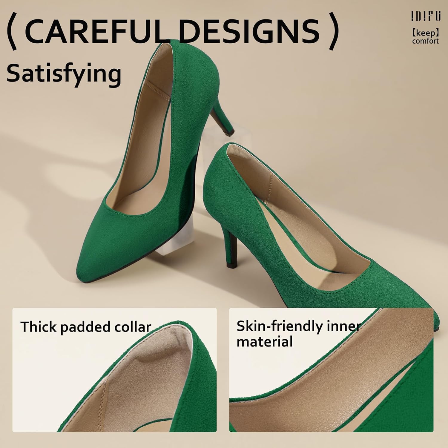 image:imageIDIFU IN3 High Heels Pumps Closed Toe Heels Womens Pumps Stiletto Pointed Toe Dress Shoes Wedding Prom Bridal Work Office Bride Guest Trendy Dressy Fashion Comfortable Pump ShoesGreen Suede