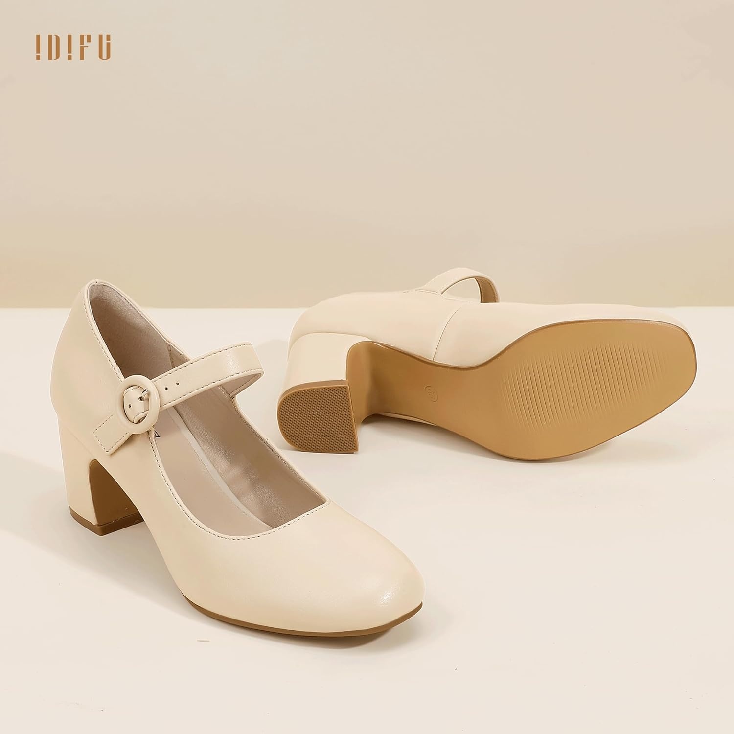 image:imageIDIFU IN3 Mary Jane Pumps Closed Toe Low Short Chunky Block Dress Shoes for Women Wedding Bridal Flight Attendant Heels Formal Cute Round Toe Vintage Small Thick Pumps Heels with Round BuckleBeige Pu